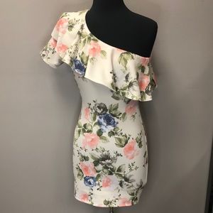 Blue Blush One Shoulder Floral Mini Dress - Size Medium